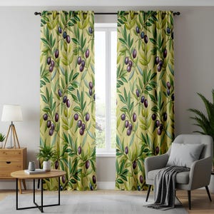 May include: A pair of floor-length curtains featuring a repeating botanical pattern of dark purple olives and green leaves set against a light yellow background. The curtains are hung on a black rod with metal grommets at the top for easy sliding.