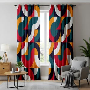 Modern Geometric Living Room Curtains, Bold Retro Pattern Drapes, Mid-Century Colorful Window Panels, Artistic Home Decor, Abstract Design