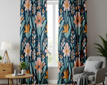 ミッドセンチュリー　カーテン　フラワー レトロな花柄カーテン、ミッドセンチュリーモダンフローラルカーテン