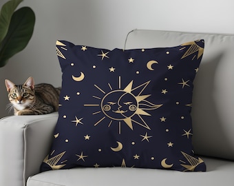 天体月と星柄の枕カバー、ネイビーゴールドの占星術装飾 - Etsy 日本 星形水色枕 金色ドット