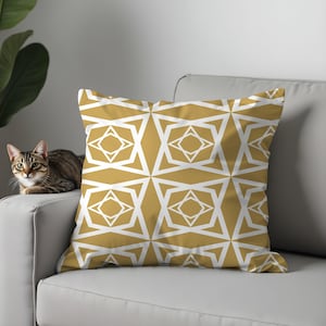 Mustard Yellow Geometric Pillow Cover, Modern White Abstract Graphic Cushion, Mid-Century Inspired Decorative Throw Pillow, Boho Home Decor