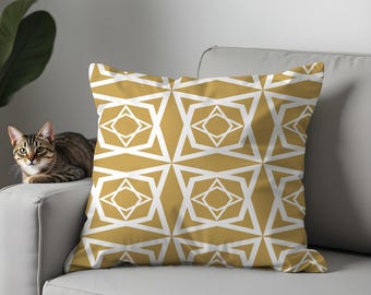 Fodera per cuscino geometrica color senape, cuscino con grafica astratta bianca, arredamento moderno per la casa.