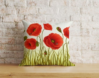 Funda de cojín con estampado de amapolas rojas, decoración floral para el hogar.