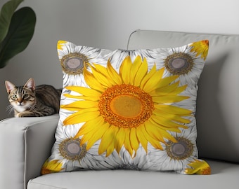 Bright Yellow Sunflower Pillow Cover, Knitted Floral Cushion, Farmhouse Decor