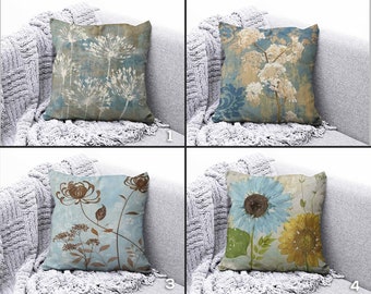 Housse de coussin fleurs bleu poudré, fleurs abstraites, peinture florale, housse de coussin, surmatelas art botanique, couvre-oreiller floral