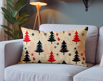 Christmas Rectangular Pillow Cover, Festive Holiday Rectangular Cushion Case, Winter Pine Tree & Snowflake Throw Pillow for Sofa, Xmas Decor