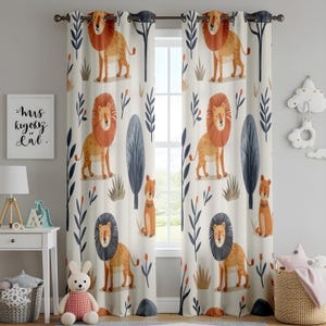 Cortinas con diseño de león de safari, temática de jungla para habitación infantil, adorables cortinas con animales, decoración de guardería inspirada en la naturaleza, divertido diseño de dibujos animados
