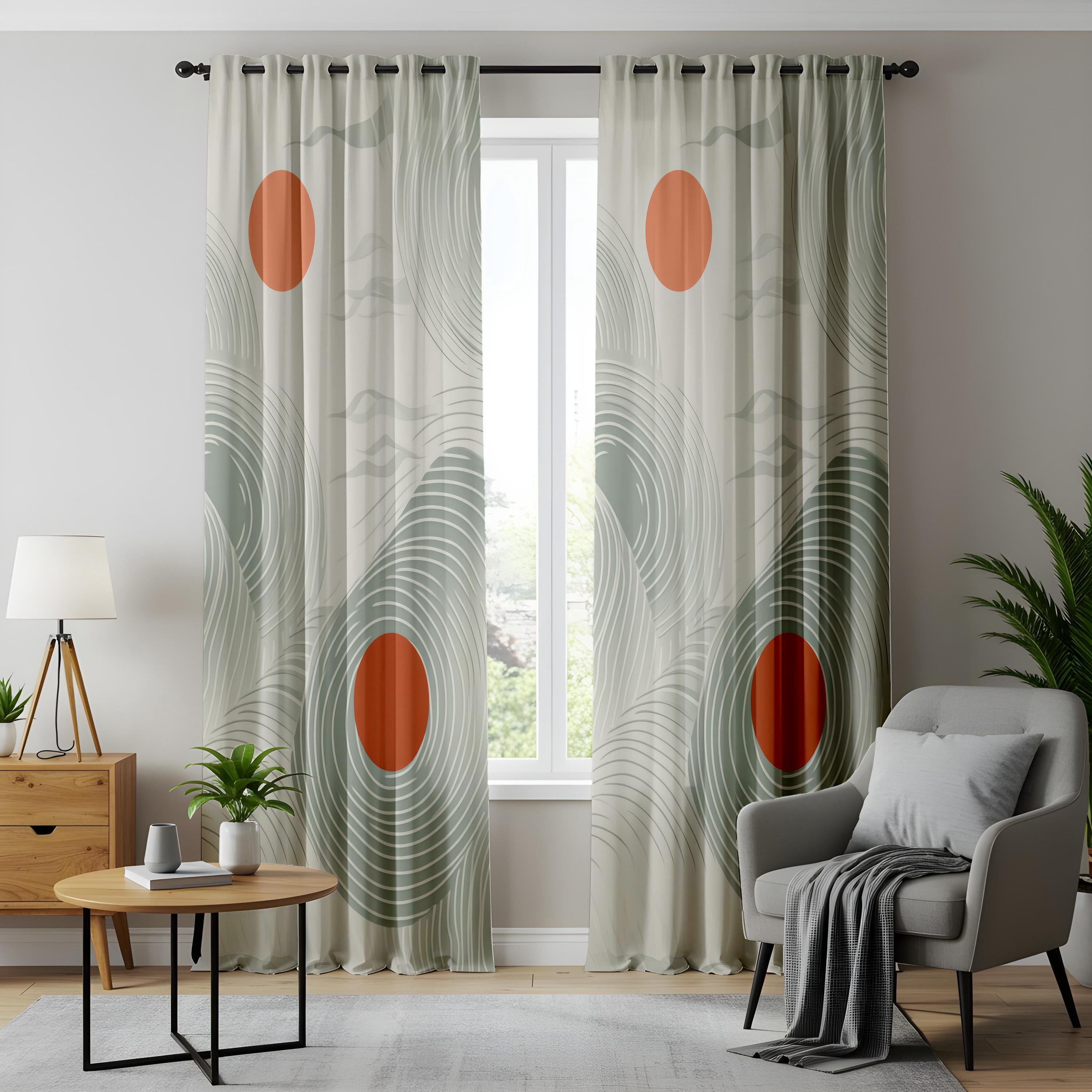 Zen Wave Window Curtains, Green and Rust Abstract Art, Japanese