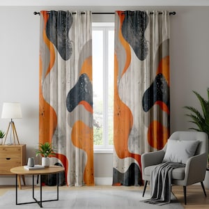 Abstract Modern Living Room Curtains, Orange and Grey Contemporary Drapes, Artistic Splash Pattern, Bold Statement Window Panels