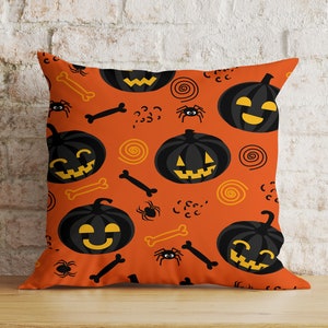 Black and Orange Halloween Pillow Cover, Halloween Pumpkin Cushion Cover, Bats Pillow Case, Halloween Gift, Fall Decor