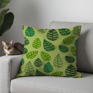 Green Leaf Botanical Pillow Cover, Modern Foliage Cushion Case, Sage Olive Decorative Throw Pillow, Biophilic & Jungalow Style Home Decor