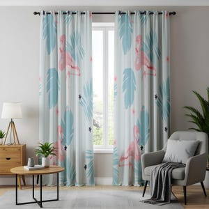 Pastel Flamingo Blackout Curtains, Light Blue & Pink Tropical Decor, Coastal Living Room Drapes, Aqua Blue Floral Pattern, Boho Window Decor