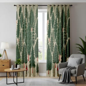 Whimsical Forest Curtains, Nordic Nature-Inspired Drapes, Green Pine Tree Pattern, Red Figure Design, Cozy Cabin Window Treatment