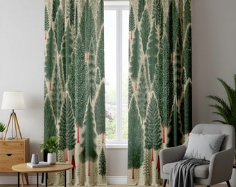 May include: A pair of floor-length curtains featuring a repeating pattern of dark green evergreen trees on a cream background. Small, stylized figures wearing red coats are interspersed among the trees, which have distinct red trunks.