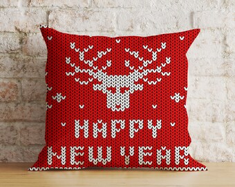 Christmas Reindeer Cushion Cover, Red Snowflake Festive Pillow Cover, Cosy Holiday Xmas Decor, 16x16 18x18