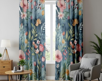 Cortinas con estampado botánico, cortinas florales en acuarela, decoración del hogar inspirada en la naturaleza.