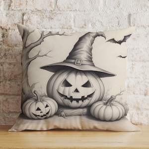 Black and White Halloween Cushion Cover, Drawing Carved Pumpkin Cushion Cover, Halloween Cat Pillow Case, Halloween Party Decor