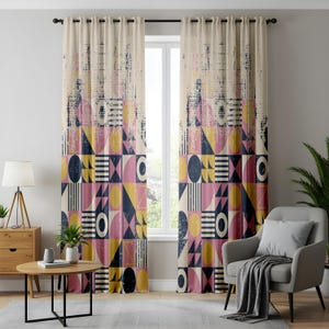 Mid-Century Geometric Curtains, Abstract Pink, Yellow, and Navy Drapes, Retro Modern Window Panels for Home Decor
