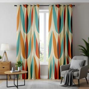 Retro Living Room Curtains, Mid-Century Drapes, Orange and Teal Oval Pattern Window Panels, Abstract Curtains for Living Room