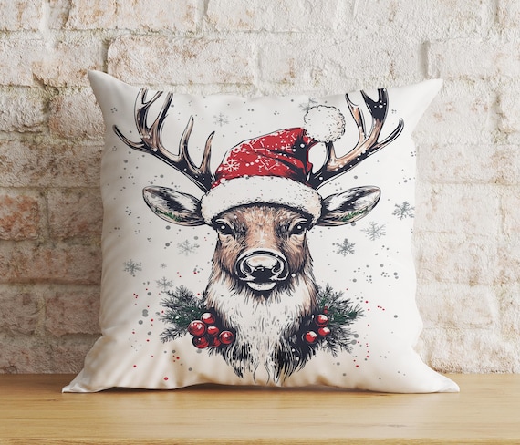 Kissenbezug mit Hirschmotiv, Winterkissenbezug mit Rentier, rustikale Weihnachtsdeko im Cottagecore-Stil, 16x16, 18x18, 20x20