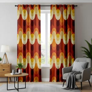 May include: A pair of floor-length curtains featuring a repeating geometric pattern of overlapping circles and wavy vertical bands in shades of deep red, burnt orange, mustard yellow, and cream, suspended from a black rod with metal grommets.