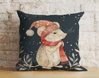 Christmas Mouse Pillow Cover, Winter Holiday Knitted Soft Fabric Cushion