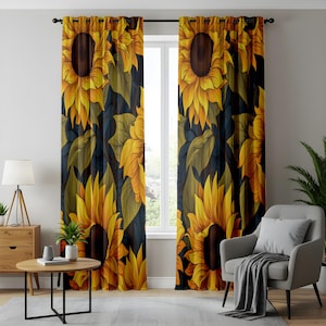 Sunflower Window Curtains, Vibrant Yellow Floral Drapes, Rustic Farmhouse Living Room Decor, Warm & Cozy Home Accents