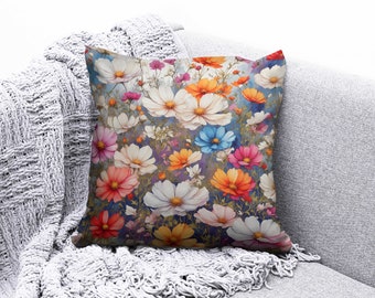 Funda de almohada con estampado floral de jardín, cojín de tela suave y colorida.