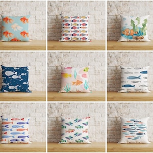 Colorful Fish Cushion Cover, Multi Colored Coastal Pillow Cover, Nautical Throw Cushions, Marine Decor, 18x18, 20x20, Niche Size Pillow