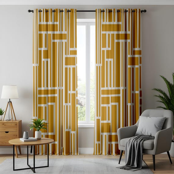 Senfgelbe geometrische Linienvorhänge, moderne abstrakte architektonische Vorhänge, Mitte des Jahrhunderts Wohnzimmer