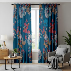 Bold Floral Living Room Curtains, Teal Blue Botanical Print Drapes, Romantic Bloom Window Panels, Modern Cottagecore Home Decor