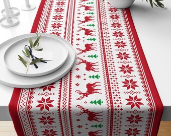 Snowflake Christmas Table Runner, Deer Pixel Art, Knitted Soft Fabric