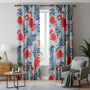 Nautical Crab Pattern Curtains, Coastal Beach House Window Drapes, Ocean-Inspired Home Decor, Marine Life Curtain Panels