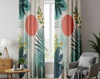 Cortinas con estampado de puesta de sol tropical y palmeras exuberantes, decoración bohemia para el hogar.
