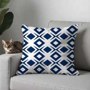 Blue and White Geometric Pillow Cover, Coastal Mediterranean Cushion Case, Modern Navy & Indigo Decorative Throw Pillow for Farmhouse Home