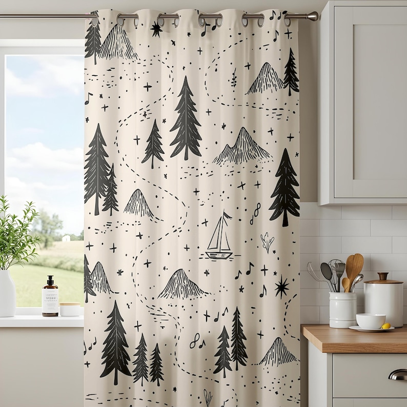 May include: A cream-colored curtain featuring a black line-art pattern of pine trees, mountains, a sailboat, and musical notes. The design includes dotted paths winding through the landscape, accented by small stars and plus signs throughout.