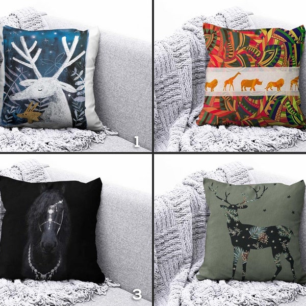 Deer Cushion Cover, Horse Cushion Case, Botanik Pillowcase, Housewarming Boho Pillowcase, Bohemian Abstract Pillow Covers