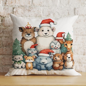 Fundas de almohada navideñas con animales, cojín festivo con adorables animales con gorros de Papá Noel, fundas de cojín decorativas para la decoración navideña del hogar.