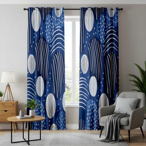 Abstract Navy Blue Curtains, Modern Geometric Dot and Line Pattern Drapes, Stylish Contemporary Home Decor