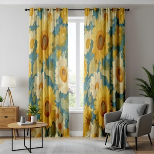 Watercolor Sunflower Curtains, Yellow Floral Kitchen Drapes, Vintage Botanical Window Panels, Cozy Farmhouse Home Decor