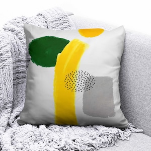 Mid Century Modern Abstract Cushion Cover, Minimalist Fun Colorful Shapes Patterns Yellow & Green Throw Pillow Case, College Room Decor