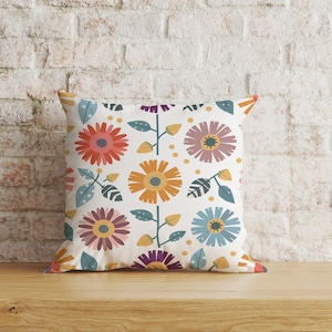 Floral Cushion Cover, Spring Square Pillowcase, Floral Painting Scatter Cushions, Colorful Leaves Throw Cushions, Linear Stem Scandinavian,