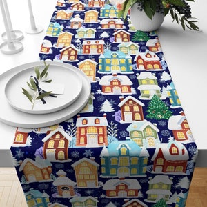 Winter House Table Runner, Red Snowy House Runner, Christmas Home Tablecloth, Farmhouse Xmas Decor, Boho Kitchen Table Runner