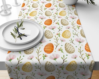 Floral Easter Table Runner, Pink Flowers, Watercolor Eggs