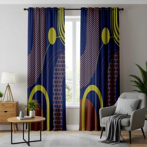 Modern Geometric Living Room Curtains, Navy Blue & Yellow Abstract Drapes, Contemporary Window Treatment, Bold Artistic Home Decor