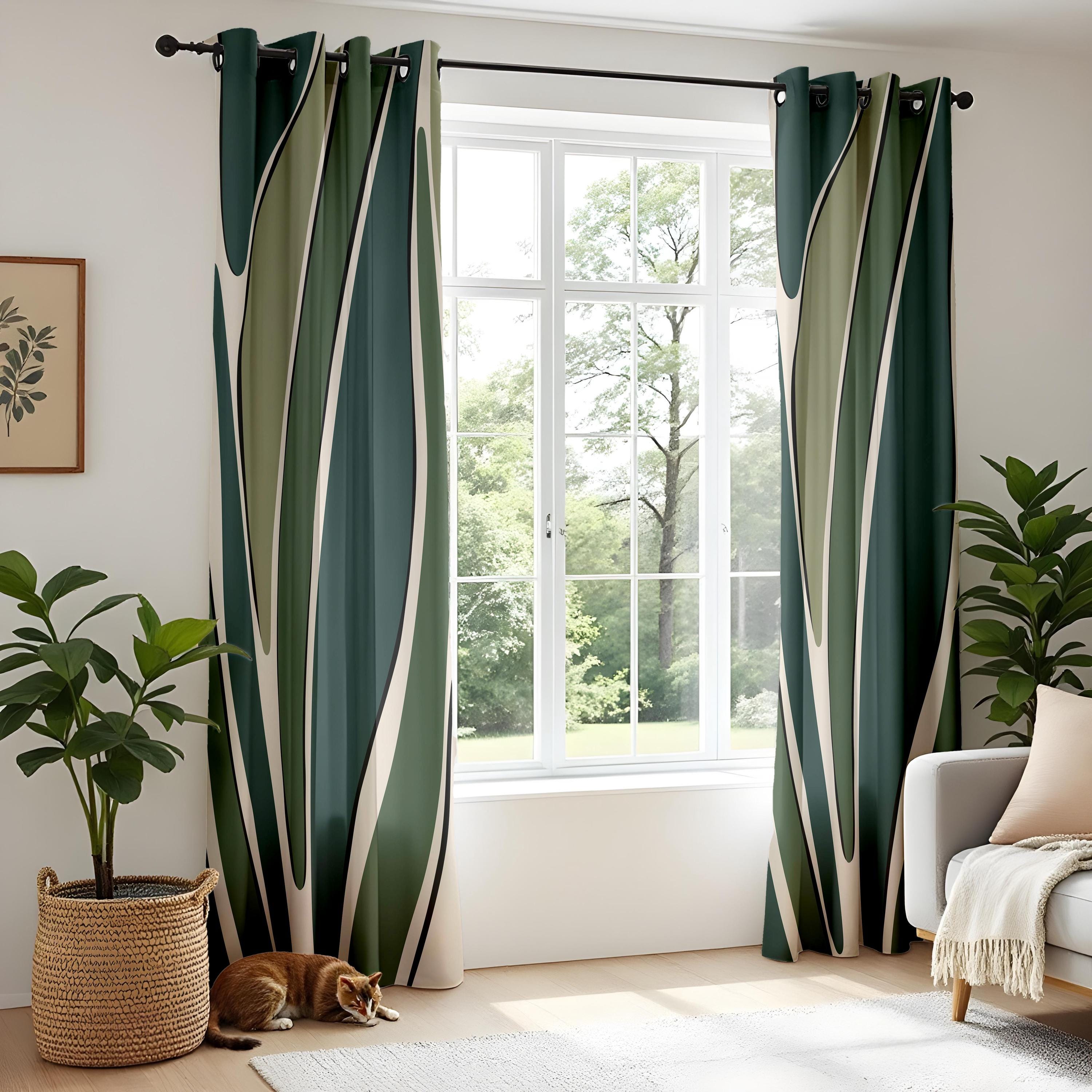 Modern Abstract Green Curtains, Leaf Pattern Window Drapes, Minimalist ...