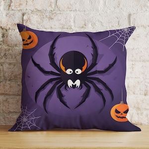 Spider Halloween Cushion Covers, Purple & Orange Halloween Pillow Cover, Colorful Spooky Throw Pillow Case, Pumpkin Halloween Euro Sham