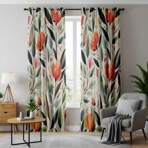 Rustic Floral Living Room Curtains, Watercolor Red and Orange Flower Drapes, Botanical Window Panels, Vintage Flower and Leaf Print