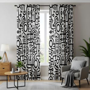 Handgezeichnetes abstraktes Linienmuster, Tribal Art Vorhänge, Boho minimalistische Fenstervorhänge, einzigartiges Wohnzimmerdekor