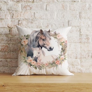 Horse Floral Pillow Cover, White & Brown Horse Cushion Cover, Floral Farm Ranch Pillow Case, Animal Decor, Country House Decor, Niche Size
